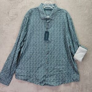 Perry Ellis Mens XXL Goblin Blue Geometric Print Long Sleeve Button Up Shirt New